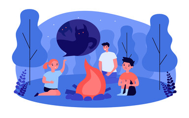 Daughter telling scary story to father and brother by campfire. Family vacation in forest at night flat vector illustration. Family, camping, outdoor activity concept for banner, website design