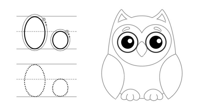 Trace the letter and picture and color it. Educational children tracing game. Coloring alphabet. Letter O and funny Owl