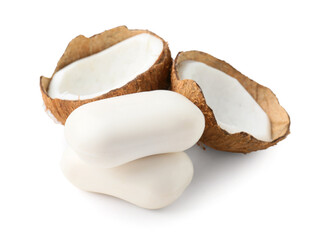 Soap bars and coconut on white background