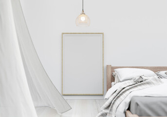 Bedroom with bed and picture frame mounted on the wall. 3d style.