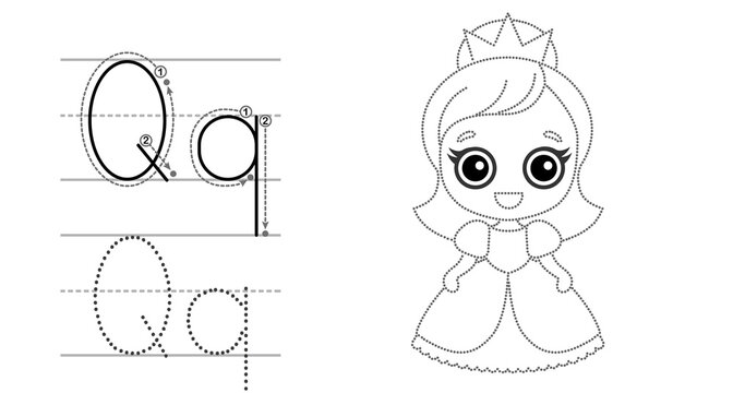 Trace the letter and picture and color it. Educational children tracing game. Coloring alphabet. Letter Q and funny Queen