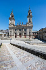 Scenic view of Church in Spain. Beautiful summer sunny look of old catholic cathedral.