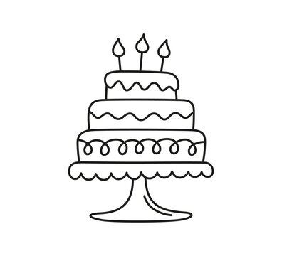 Hand drawn birthday cake with a candles. Children doodle drawing. Isolated vector illustration on white background.