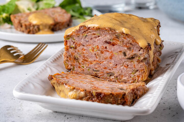 Homemade ground beef and pork meatloaf with vegetable