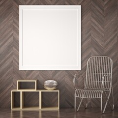 Living room with chair and wall frame, 3D style.