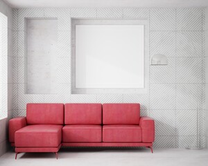 The living room is decorated with sofa and picture frames, 3D style