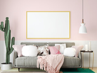 The living room is decorated with sofa and picture frames, 3D style