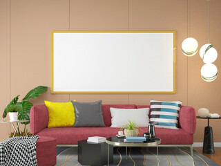 The living room is decorated with sofa and picture frames, 3D style