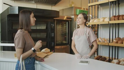 Slowmo tracking shot of happy young female counter attendant in apron and gloves talking to female customer in cozy bakery