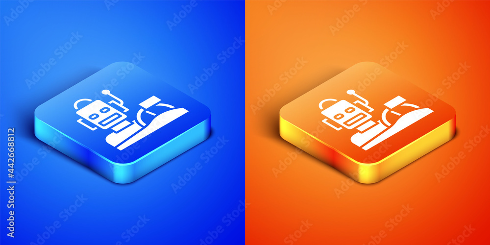 Poster isometric robot humanoid driving a car icon isolated on blue and orange background. artificial intel