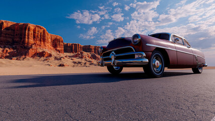 the image of the car in the sunset 3D illustration