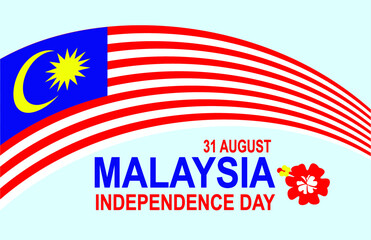 Greetings 31 August Malaysia Independence day with national flag and flower illustration.