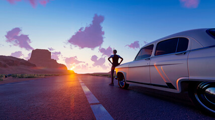 Man near the car on the background of sunset