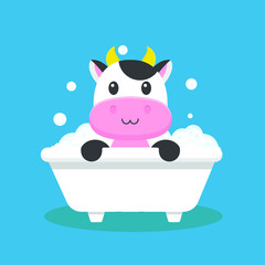 Cute Cow Take Bath Cartoon Character