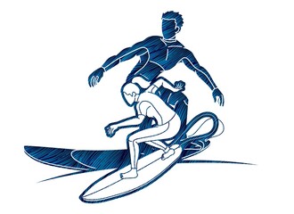 Group of  Surfer Action Surfing Sport Man and Woman Players Cartoon Graphic Vector