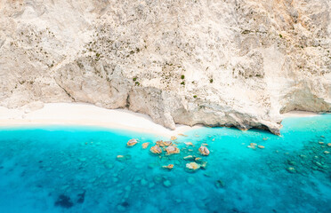 Drone view at steep slope and beautiful private beach. Lefkada island. Greece, Ionian Islands
