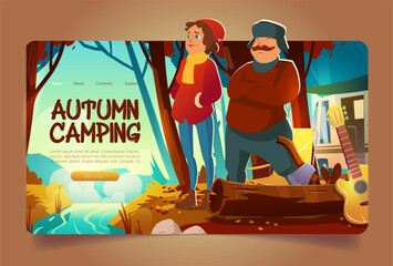Obraz premium Autumn camping website with forest landscape with brook and people. Vector landing page with cartoon woods with orange grass and leaves on trees, river, campsite with van, chair, guitar and tourists