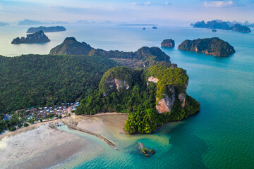 Surrounding Islands of Koh Yao Noi, Thailand islands in the background, three points of the island in a tropical ocean with beaches and copy space for text holiday destination