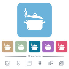 Steaming glossy pot with lid flat icons on color rounded square backgrounds