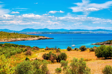 Demircili bay and a boat in Urla, İzmir, Turkey.