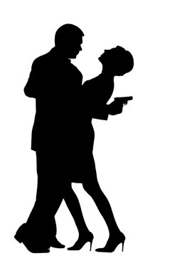 Black silhouette of romantic spy couple dancing on white background, 3D illustration