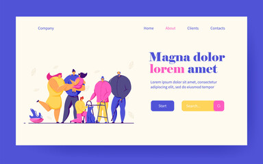 Happy big family and love concept. Couple of parents, two kids, cute pet dog, grand ma and grandpa standing together. Vector illustration in flat style