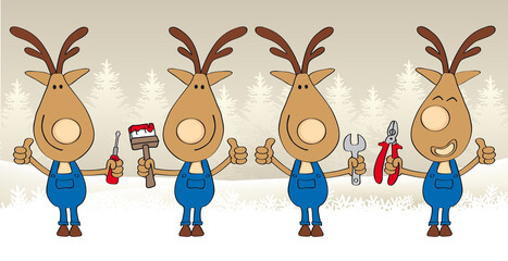 weihnachten hintergrund rentiere im blaumann mit werkzeug in den händen und daumen hoch, cartoon