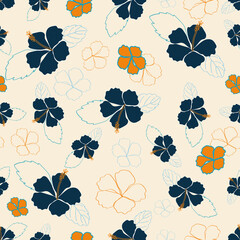 Orange and blue hibiscus seamless vector pattern 