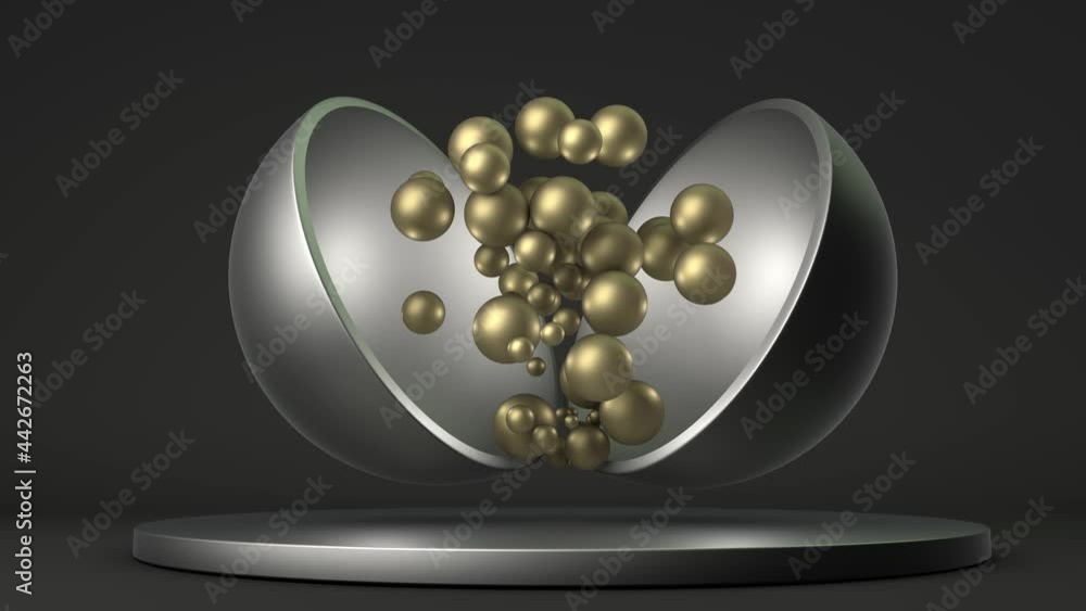 Poster loop 3d animation of abstract hemispheres inside which golden balls appear and disappear. the materi