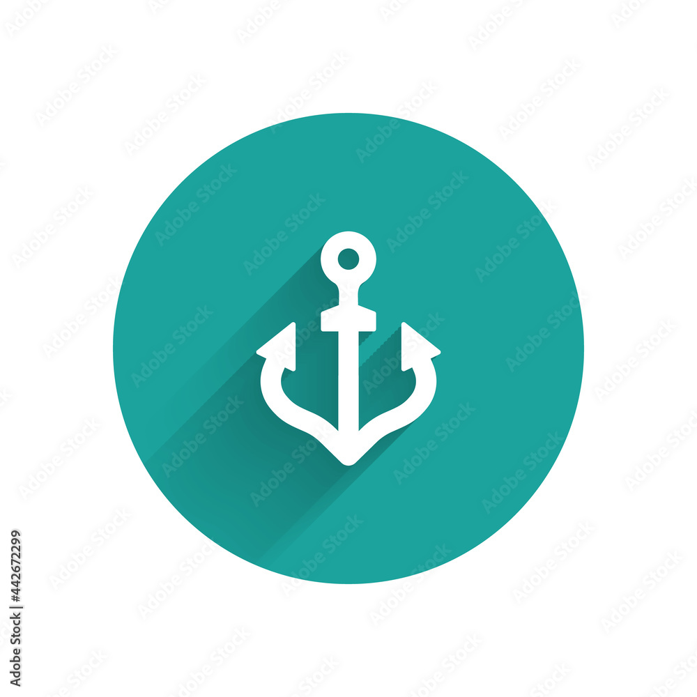 Poster white anchor icon isolated with long shadow background. green circle button. vector