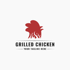 vintage rustic chicken logo. delicious and tasty chicken logo icon vector illustration, label symbol rooster with red fire combination, suitable for food stalls, restaurant, chef, meat shop, butcher