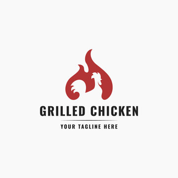 vintage rustic chicken logo, red hot fire barbecue roast chicken logo, simple vector icon symbol for restaurant, food stalls, meat shop, butcher, chef, etc