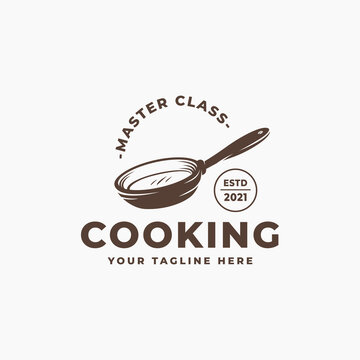 cook logo for cooking school class, cooking logo symbol, with frying pan kitchen equipment icon vector illustration design concept, can also for restaurant, eatery, spot, cafe, bistro, food stalls