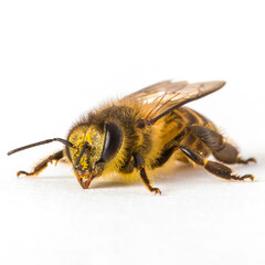 Honey Bee on a white isolated background macro micro close up detail nature portrait front side view wings and small shadow