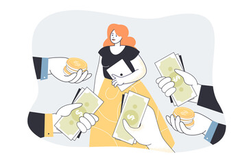 Demanded talented specialist receiving cash and offers. Flat vector illustration. People hiring woman holding laptop, offering her money in exchange for services. Demand, success, opportunity, concept
