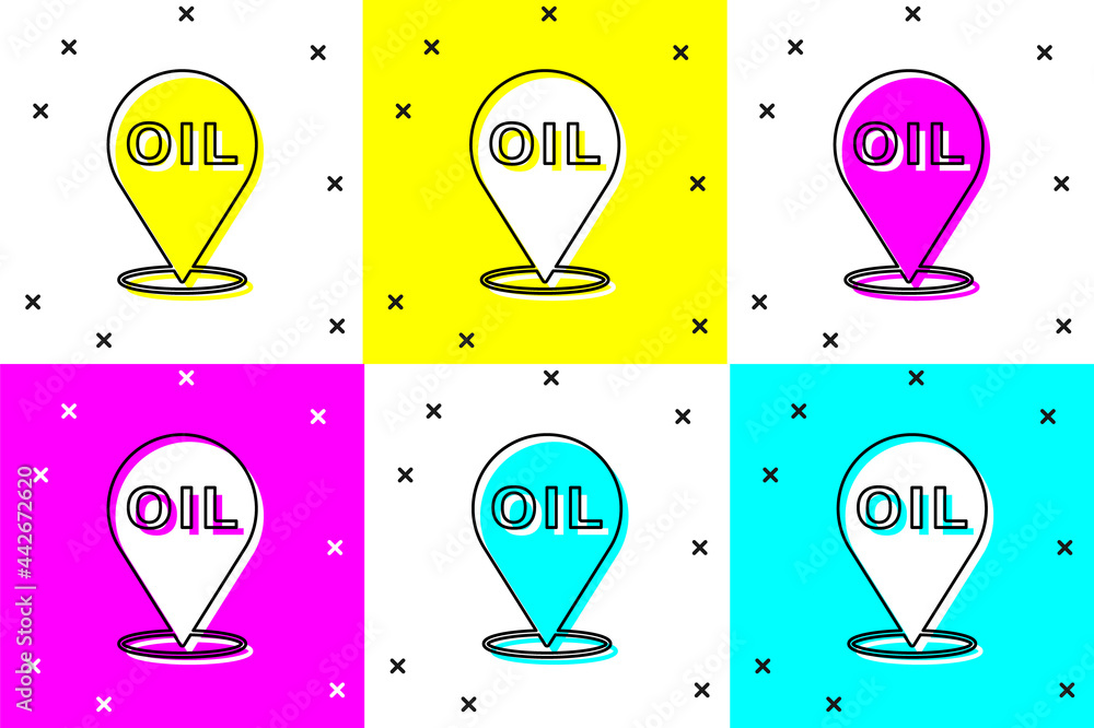 Poster set refill petrol fuel location icon isolated on color background. gas station and map pointer. vect