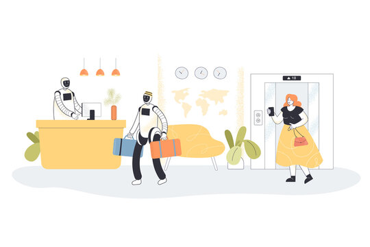 Robotic receptionists meeting guest at hotel. Flat vector illustration. Girl taking pictures of robotic hotel staff on phone, near elevator. Technologies, artificial intelligence, service concept