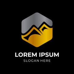 mountain logo concept with flat silver and gold color style