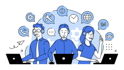 Сall center, call processing system. Customer service, hotline operators advise clients with headsets on laptops,  24 Hours, 7 Days A Week, Global online technical support. Flat illustration 