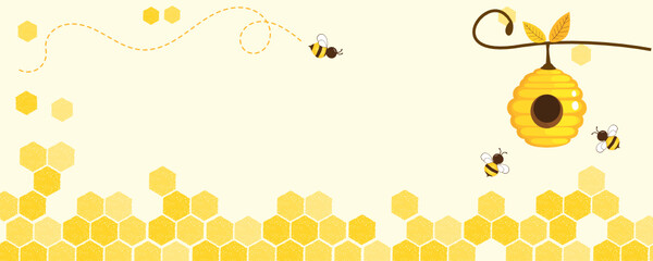 Honeycomb with bee cartoons on yellow background vector illustration. - obrazy, fototapety, plakaty