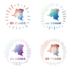 DR Congo low poly sunburst set. Logo of the country in a geometric polygonal style. Vector illustration.