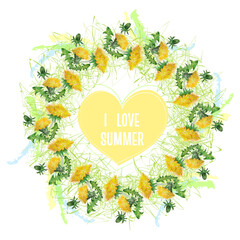 Wreath of yellow dandelions on an abstract background with a heart in the center. Vector watercolor composition.