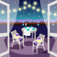 Night cozy balcony with lights and petunias for relax, rest and chill out. Vector illustration