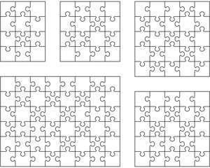 Illustration of  five  different white puzzles, separate pieces 