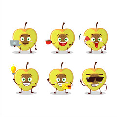 Slice of peach cartoon character with various types of business emoticons