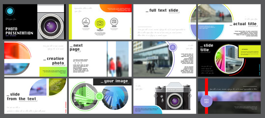 Business presentation template, multicolored infographic elements on white background. Camera, office, buildings, city, people. Vector slide, presentation of business projects and marketing, computer
