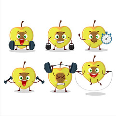 A healthy slice of peach cartoon style trying some tools on Fitness center