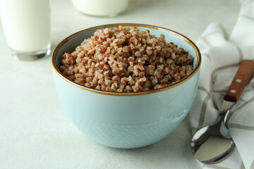 Concept of tasty eating with buckwheat, close up