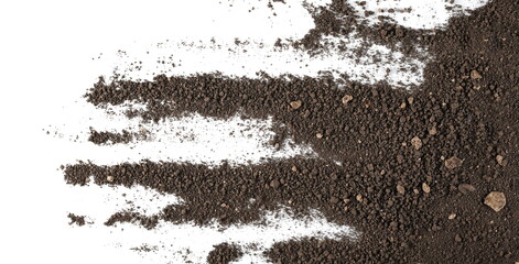 Dirt pile with rocks isolated on white background, top view