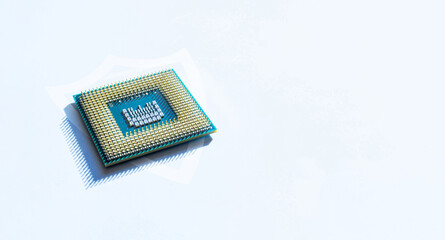 Data security. Digital computer processor, network motherboard chip on white technology background....
